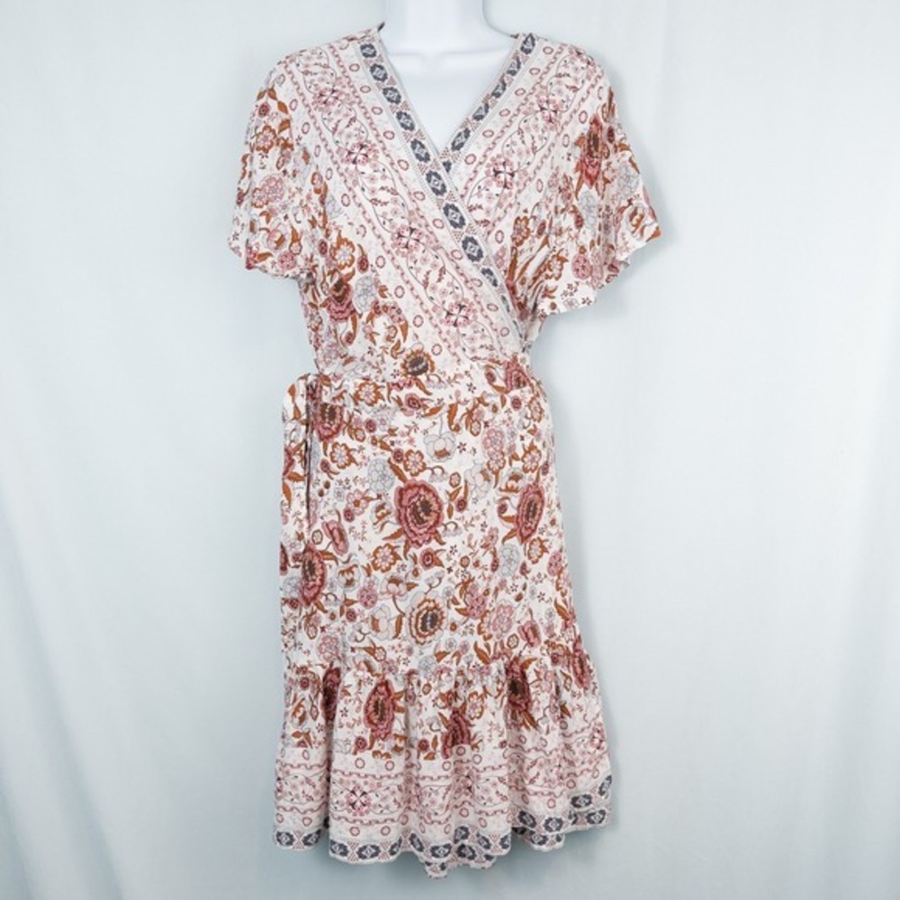 Zesica Floral Mini Wrap Dress XL Ruffle Flutter Sleeve Boho Cottagecore‎ Western